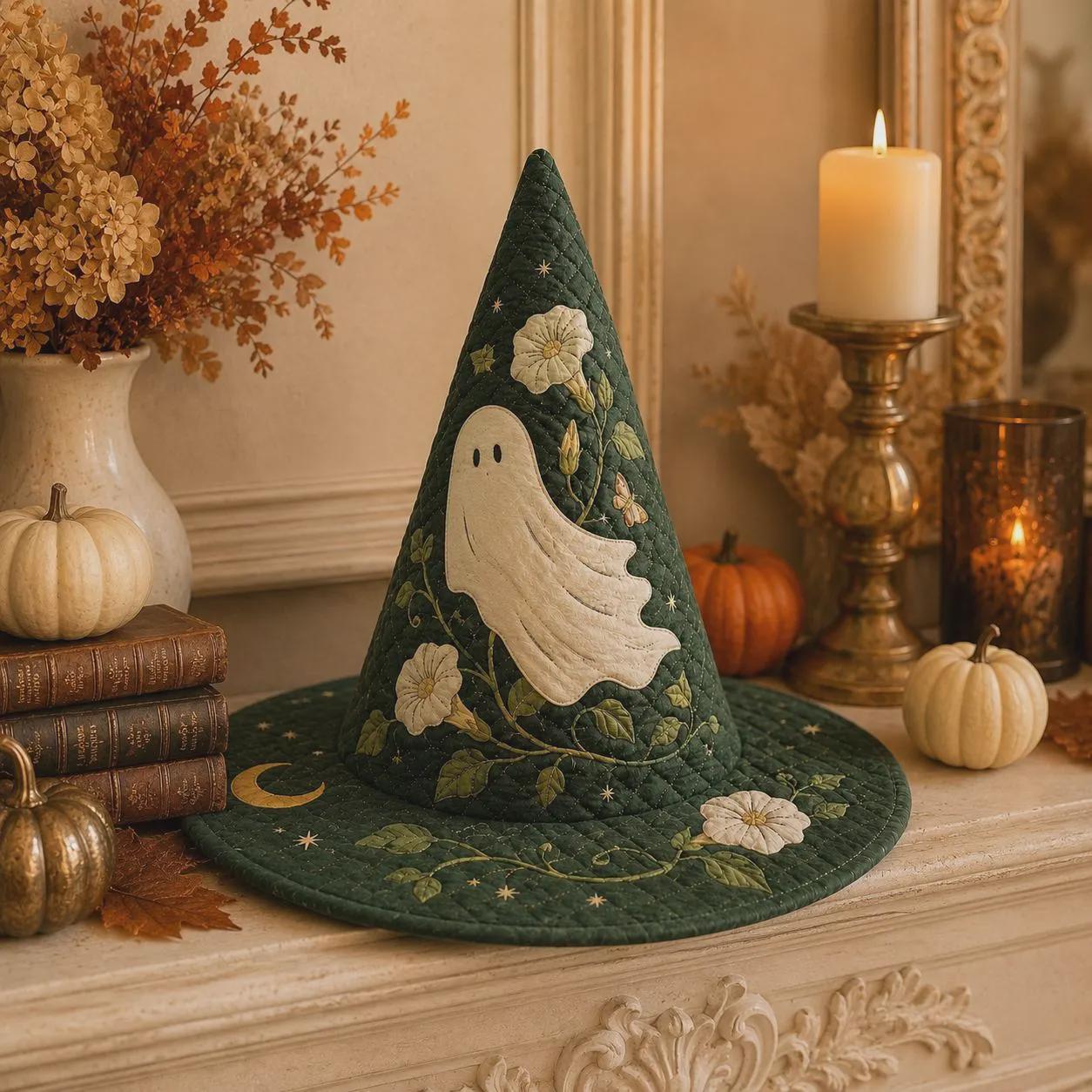 Decor – Ghost Witch Hat for Spooky Autumn Home Table Centerpiece with Quilted Style Halloween Floral Celestial and Witchy Gift - photo 6