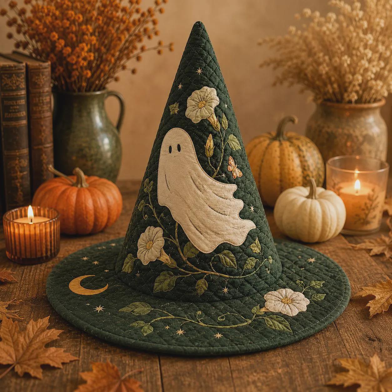 Decor – Ghost Witch Hat for Spooky Autumn Home Table Centerpiece with Quilted Style Halloween Floral Celestial and Witchy Gift - photo 7