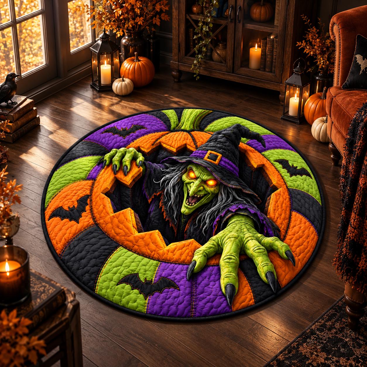 Witch Halloween Round Rug with 3D Illusion Quilted Cauldron Floor Mat for Spooky Magic Witchcore Home Decor