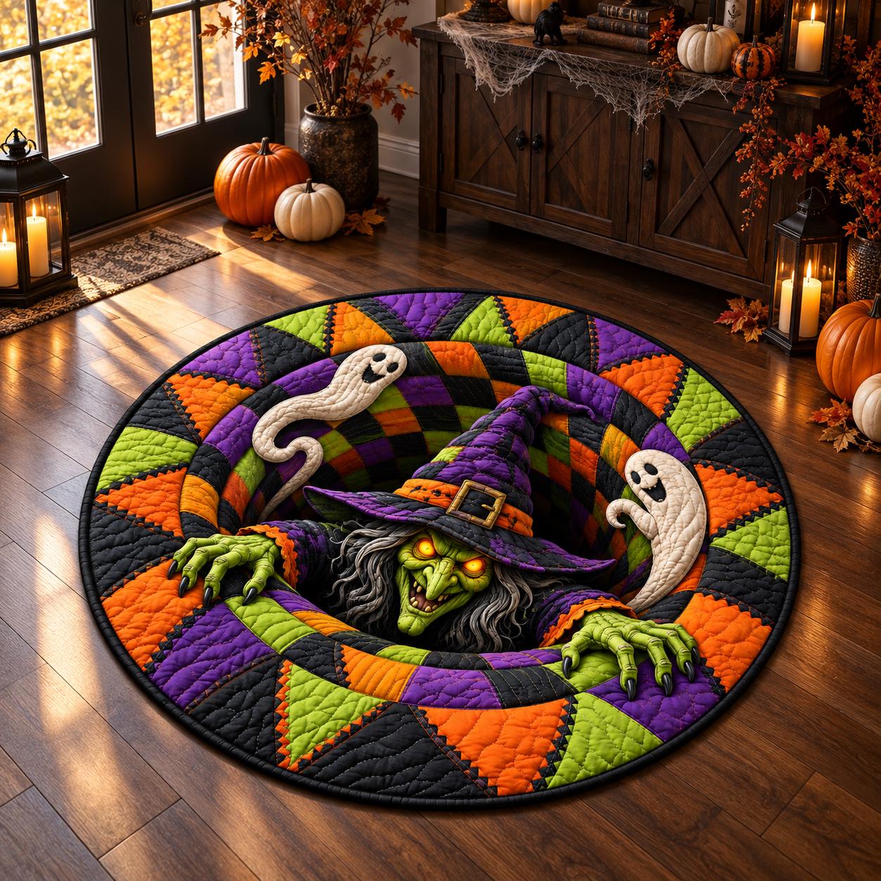 Witch Halloween Round Rug with 3D Illusion Quilted Cauldron Floor Mat for Spooky Magic Witchcore Home Decor - photo 5