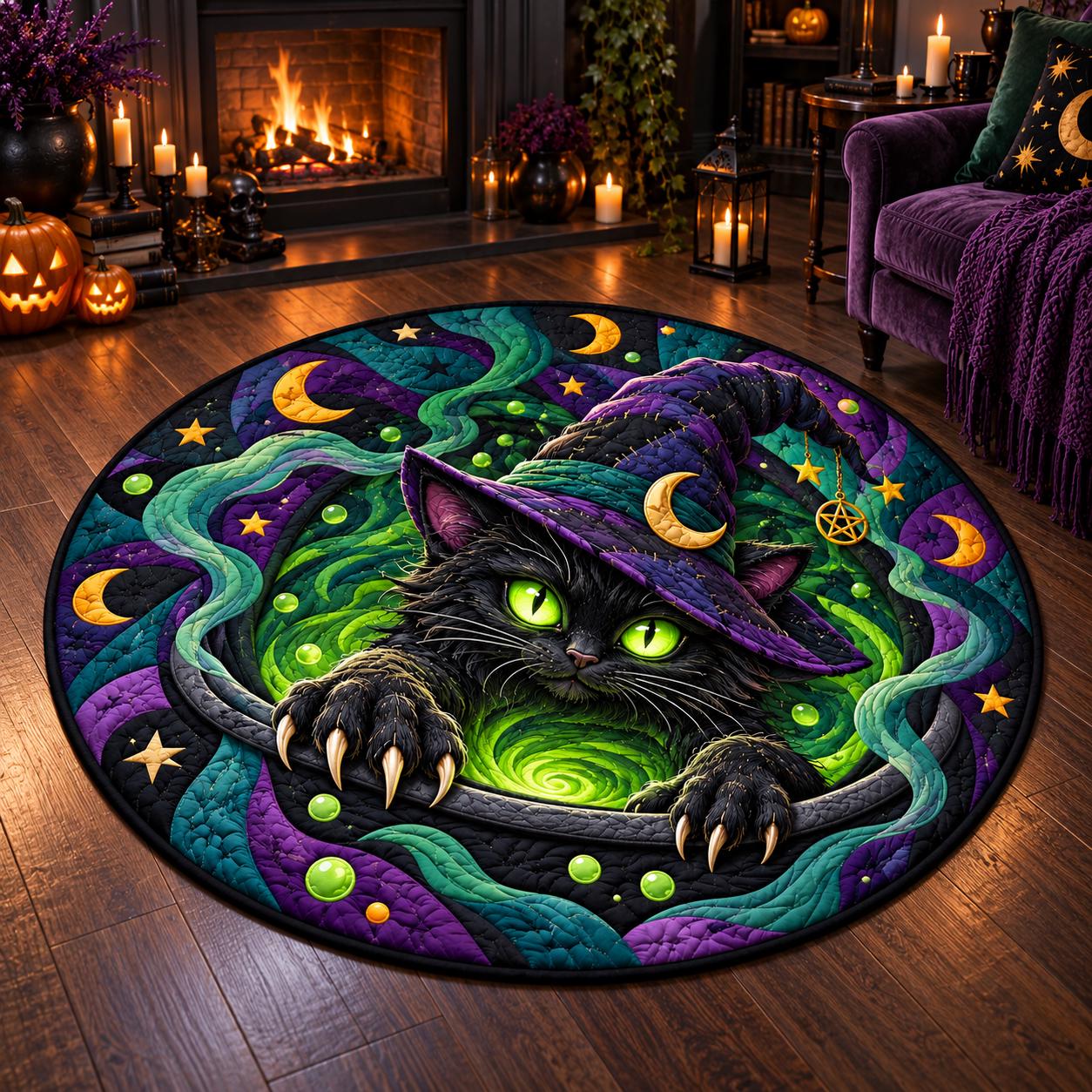 Rug – Black Cat Round Floor Mat for Spooky Witchcore Halloween Home Decor with 3D Illusion Quilted Witch Portal