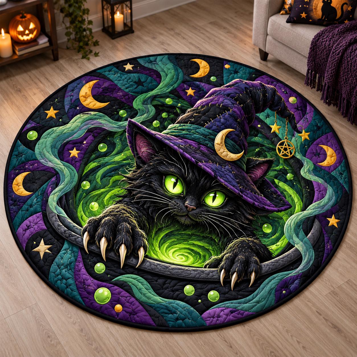 Rug – Black Cat Round Floor Mat for Spooky Witchcore Halloween Home Decor with 3D Illusion Quilted Witch Portal - photo 2