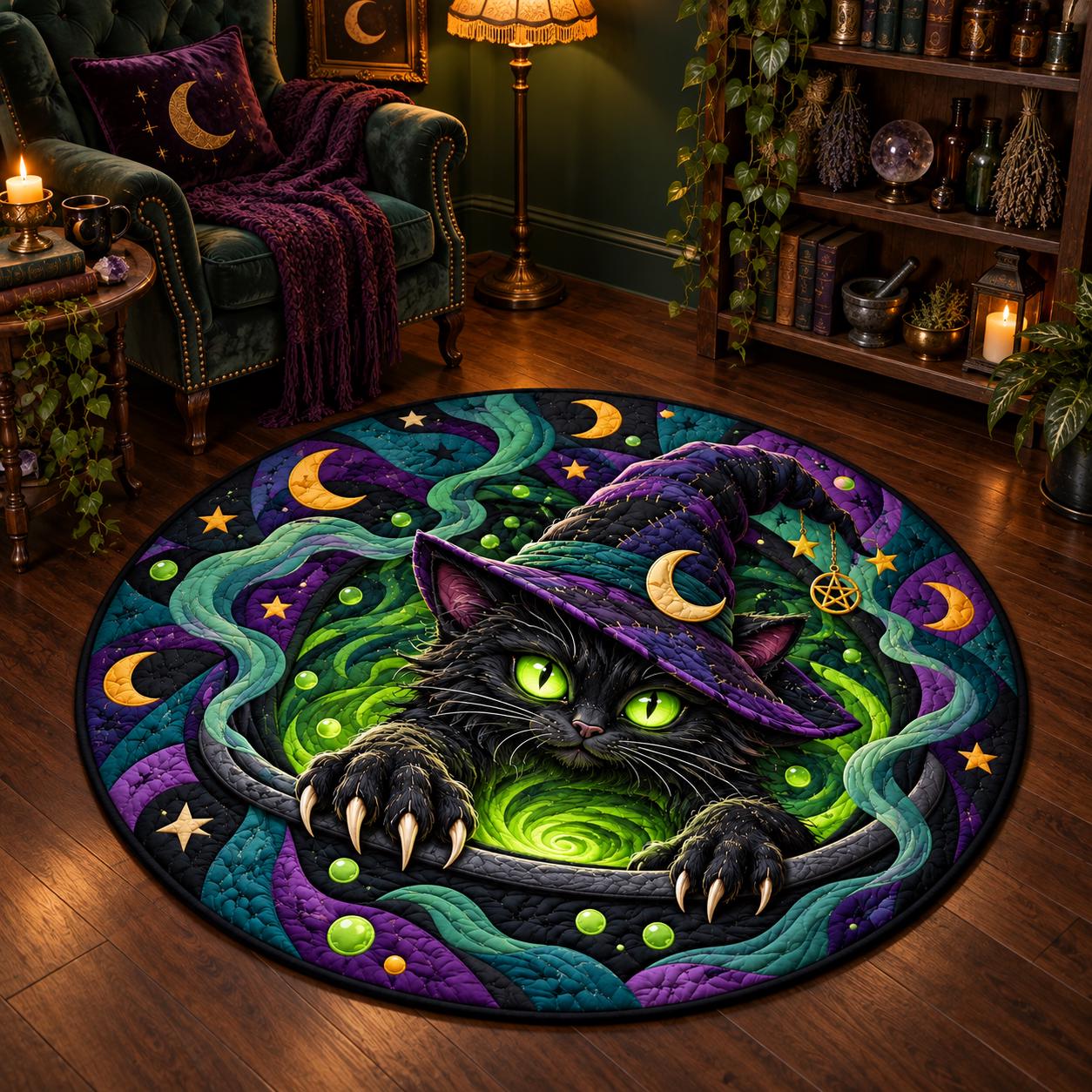 Rug – Black Cat Round Floor Mat for Spooky Witchcore Halloween Home Decor with 3D Illusion Quilted Witch Portal - photo 3