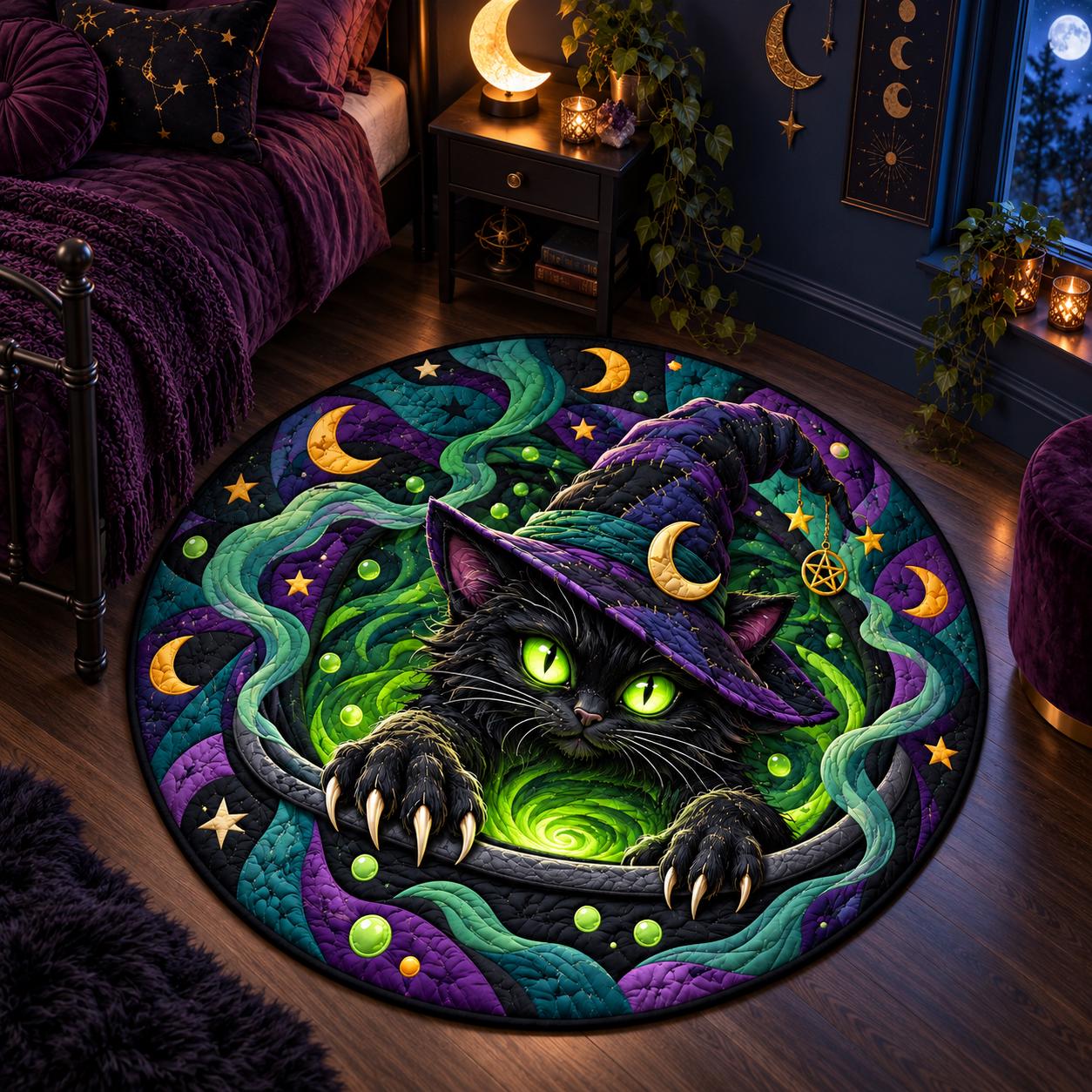 Rug – Black Cat Round Floor Mat for Spooky Witchcore Halloween Home Decor with 3D Illusion Quilted Witch Portal - photo 6