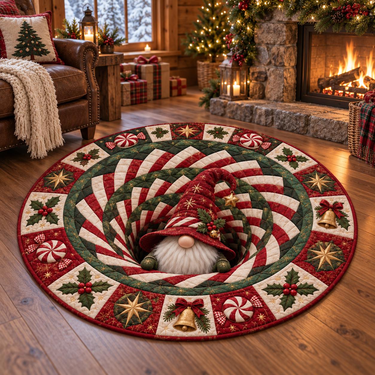 Christmas Gnome Round Rug with 3D Illusion Quilted Peppermint Spiral Floor Mat for Cute Holiday Home Decor