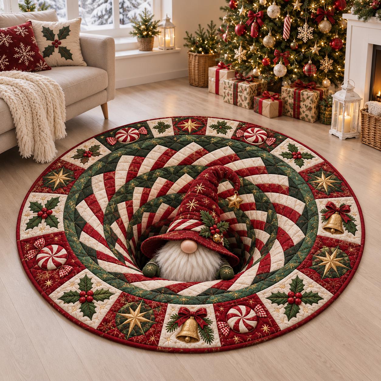 Christmas Gnome Round Rug with 3D Illusion Quilted Peppermint Spiral Floor Mat for Cute Holiday Home Decor - photo 2