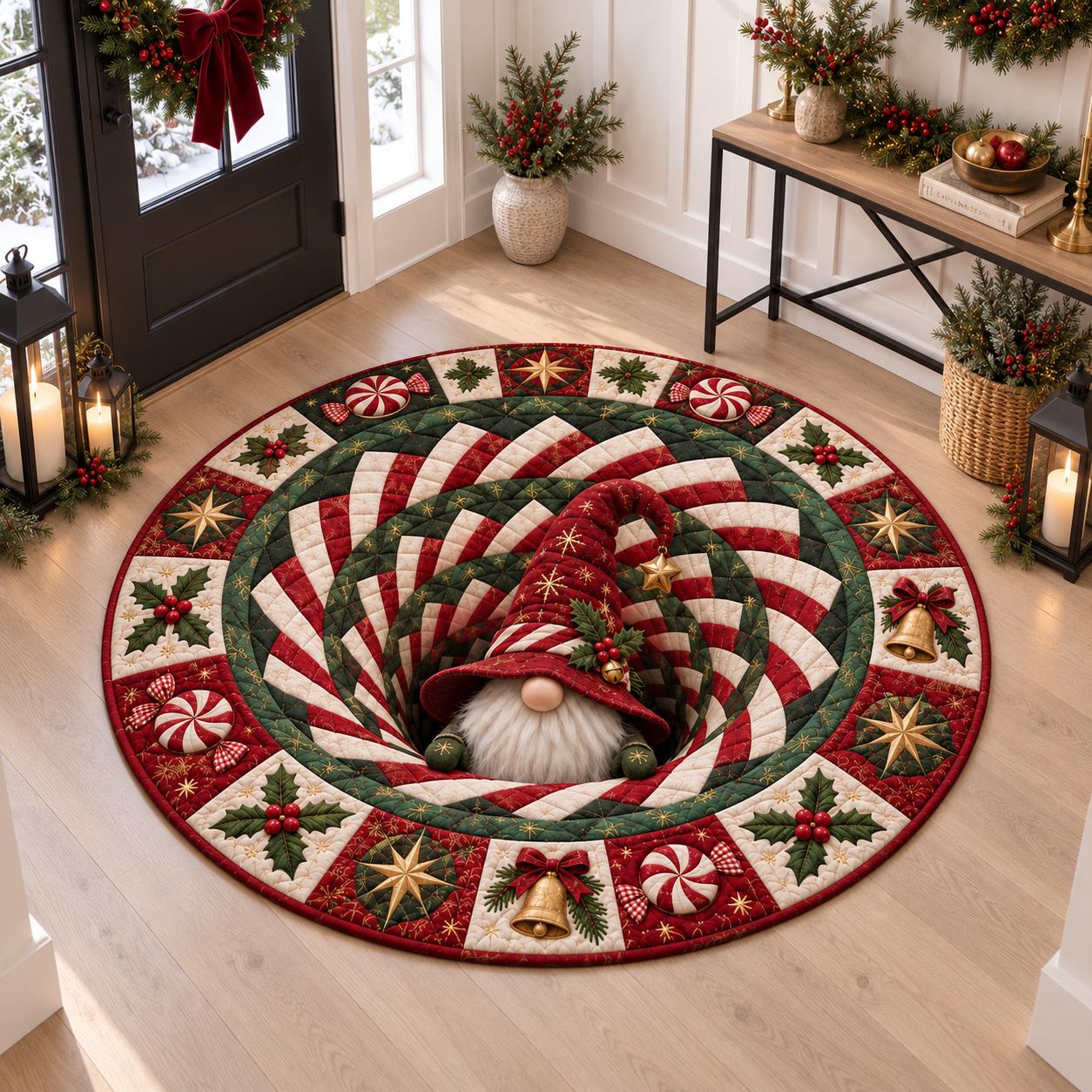 Christmas Gnome Round Rug with 3D Illusion Quilted Peppermint Spiral Floor Mat for Cute Holiday Home Decor - photo 3