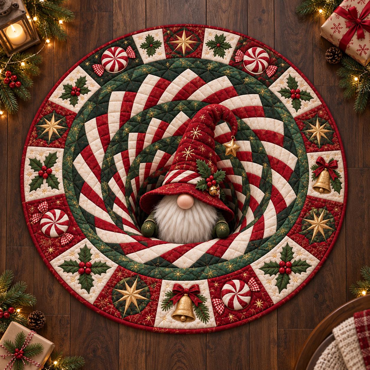 Christmas Gnome Round Rug with 3D Illusion Quilted Peppermint Spiral Floor Mat for Cute Holiday Home Decor - photo 6