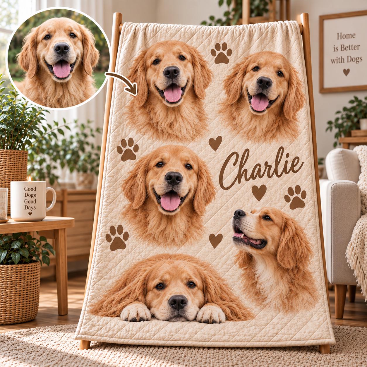 Personalized Pet Portrait Blanket with Custom Dog Cat Throw and Upload Picture Quilt Style Blanket for Mom Gift