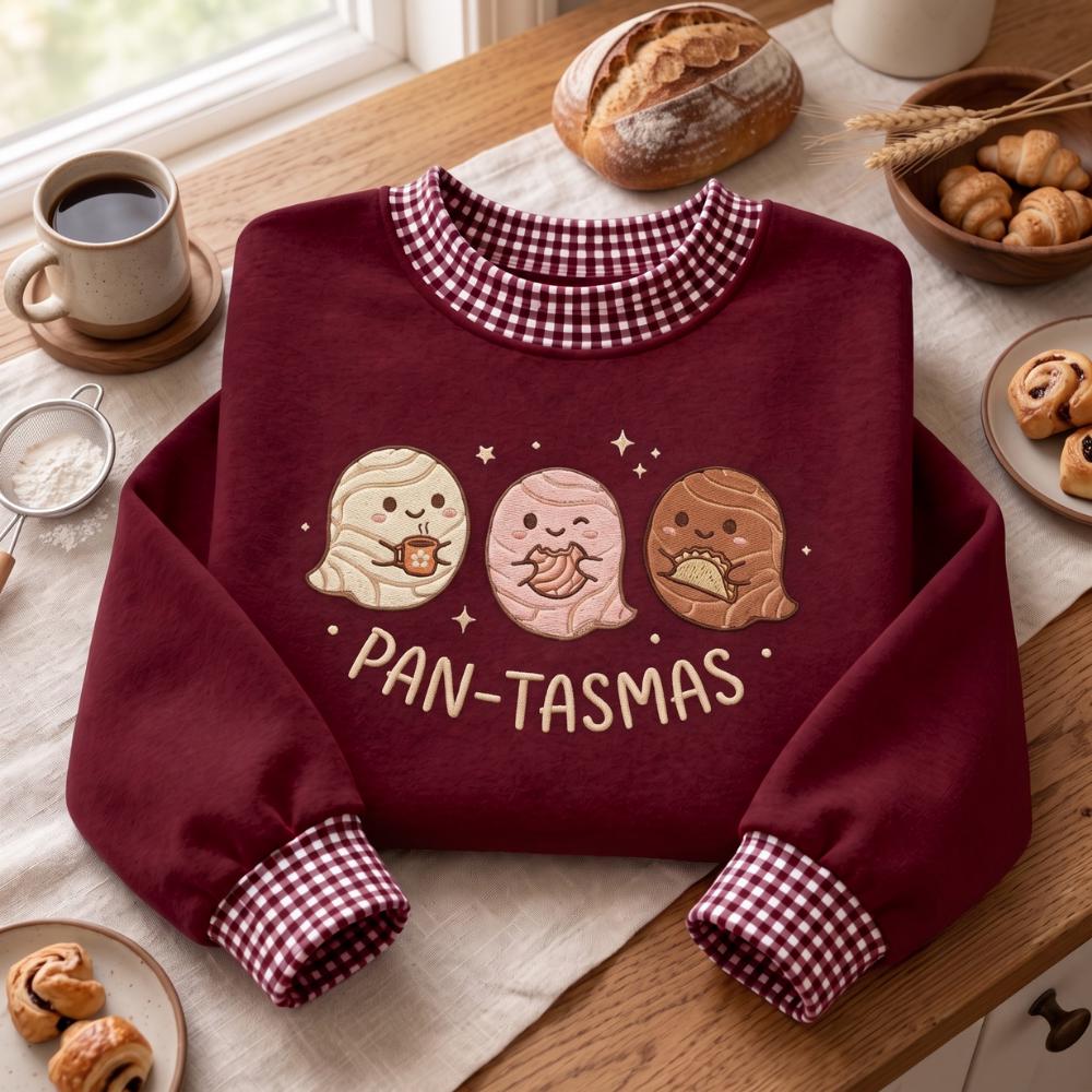 Sweatshirt – Embroidered Pan Tasmas Crewneck for Spooky Foodie Halloween with Cute Ghost Bread Funny Bakery Pun Shirt and Gift