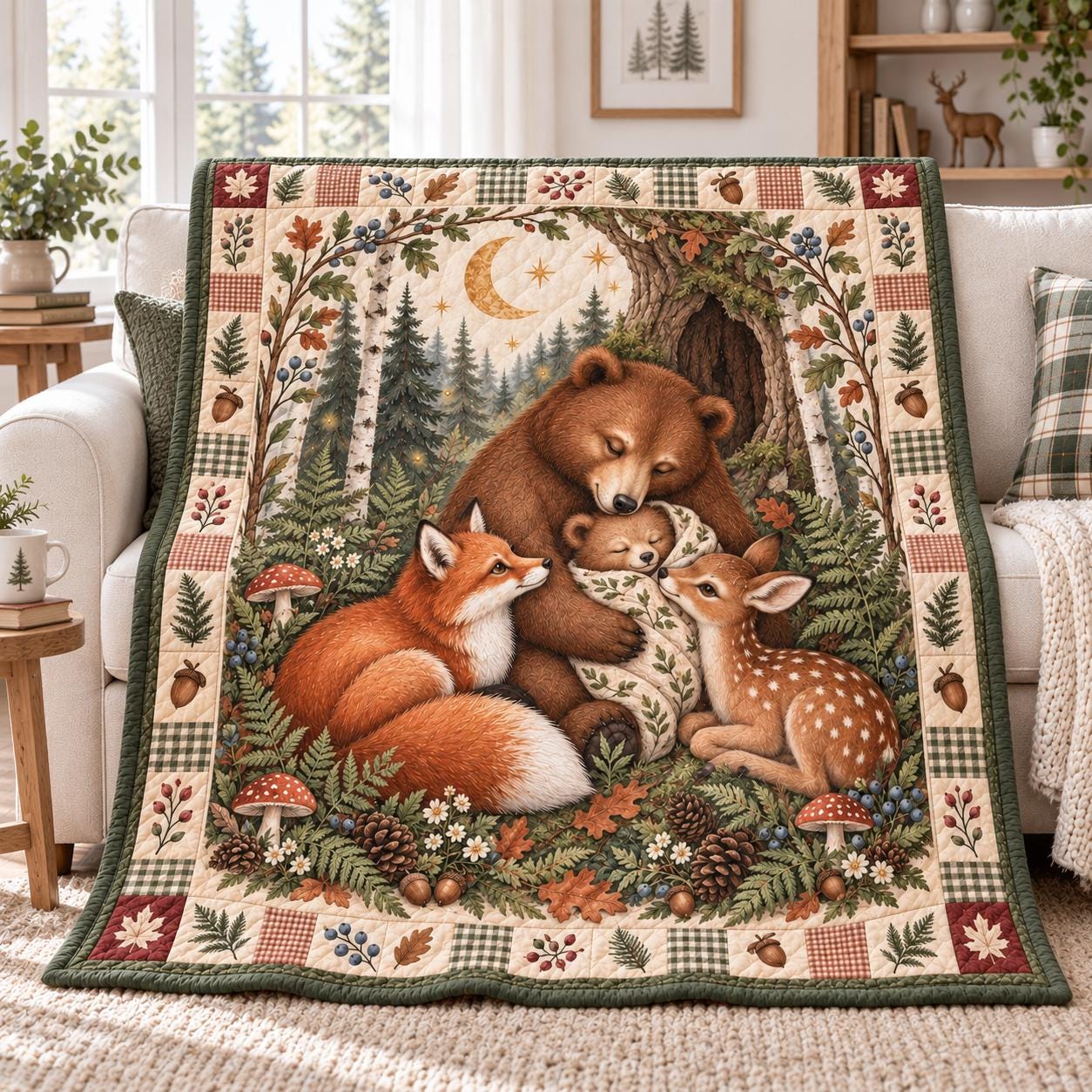 Woodland Animals Blanket – Bear, Fox and Deer Throw with Rustic Forest Bedding and Cozy Nature Quilt Style Cabin Nursery Decor