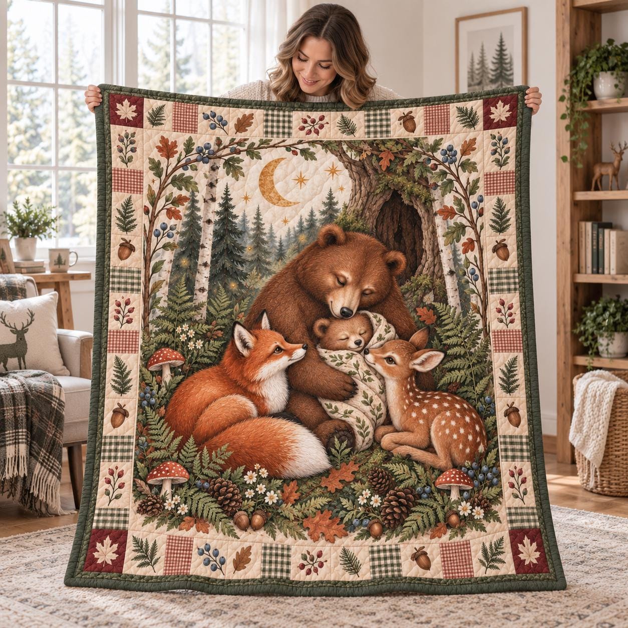 Woodland Animals Blanket – Bear, Fox and Deer Throw with Rustic Forest Bedding and Cozy Nature Quilt Style Cabin Nursery Decor - photo 2