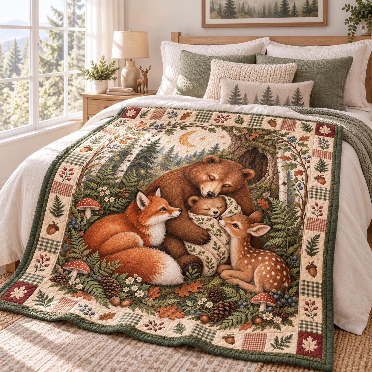 Woodland Animals Blanket – Bear, Fox and Deer Throw with Rustic Forest Bedding and Cozy Nature Quilt Style Cabin Nursery Decor - photo 3