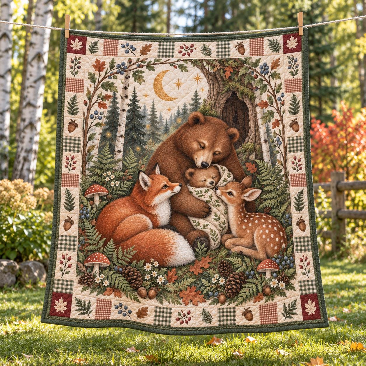 Woodland Animals Blanket – Bear, Fox and Deer Throw with Rustic Forest Bedding and Cozy Nature Quilt Style Cabin Nursery Decor - photo 6