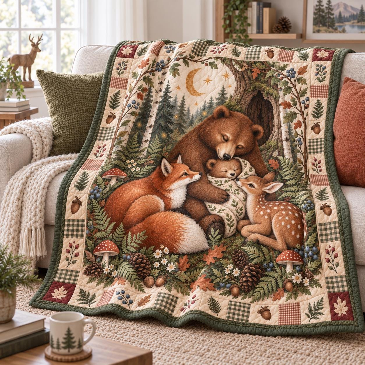 Woodland Animals Blanket – Bear, Fox and Deer Throw with Rustic Forest Bedding and Cozy Nature Quilt Style Cabin Nursery Decor - photo 7