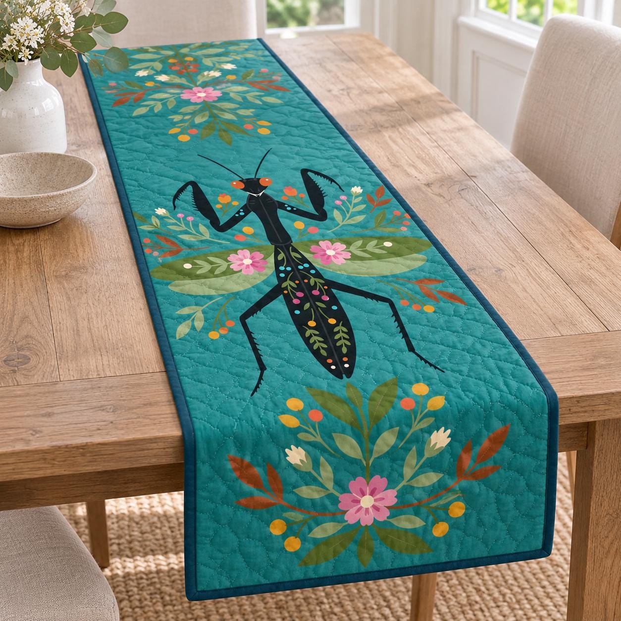 Praying Mantis Table Runner with Quilt Style Floral Insect – Cottagecore Bug Dining Decor for Nature Lover Housewarming Gift