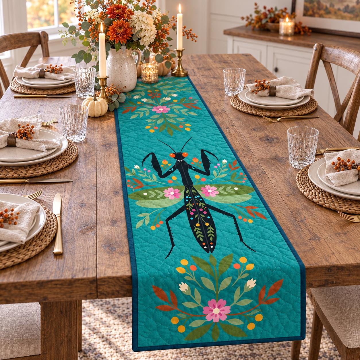 Praying Mantis Table Runner with Quilt Style Floral Insect – Cottagecore Bug Dining Decor for Nature Lover Housewarming Gift - photo 2