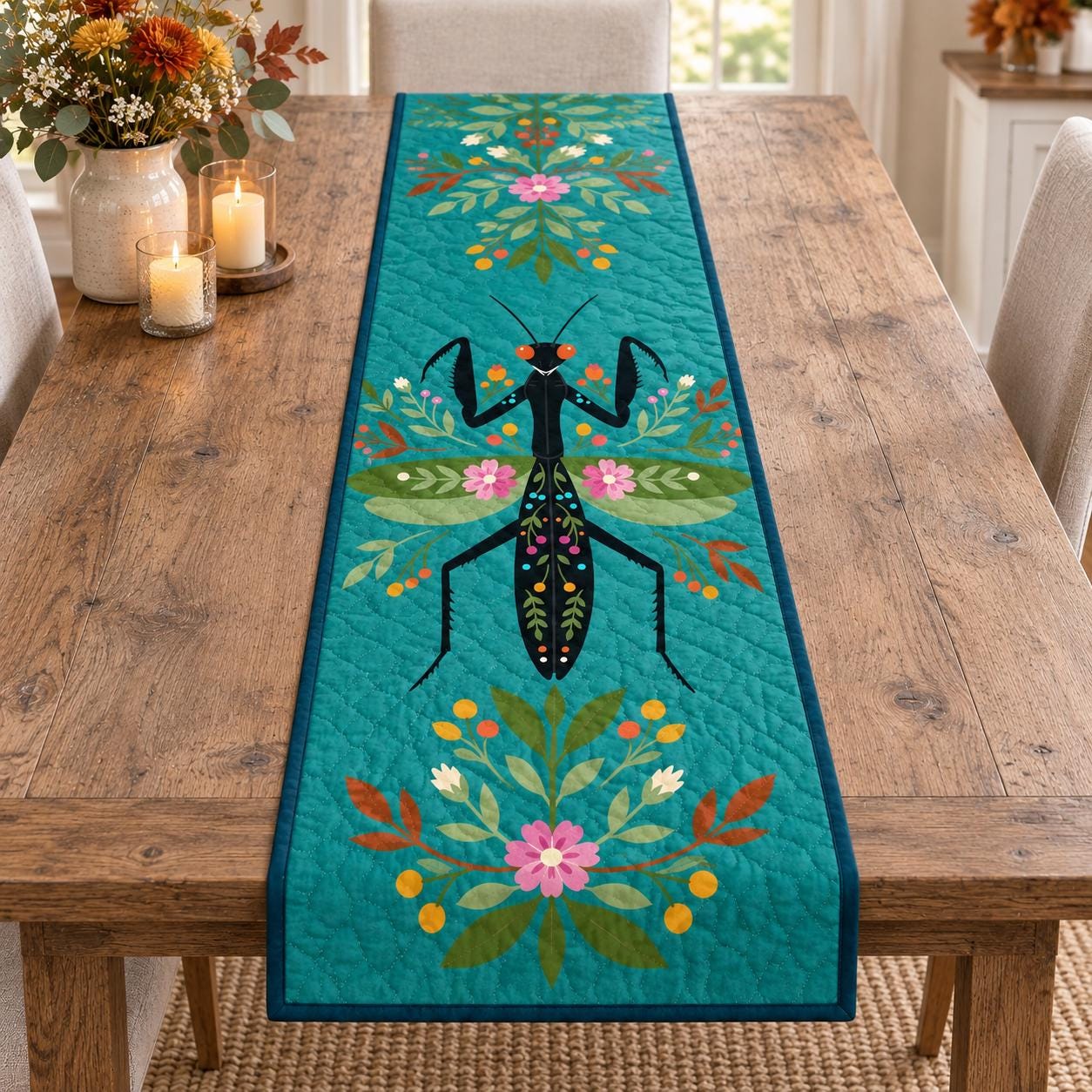 Praying Mantis Table Runner with Quilt Style Floral Insect – Cottagecore Bug Dining Decor for Nature Lover Housewarming Gift - photo 3