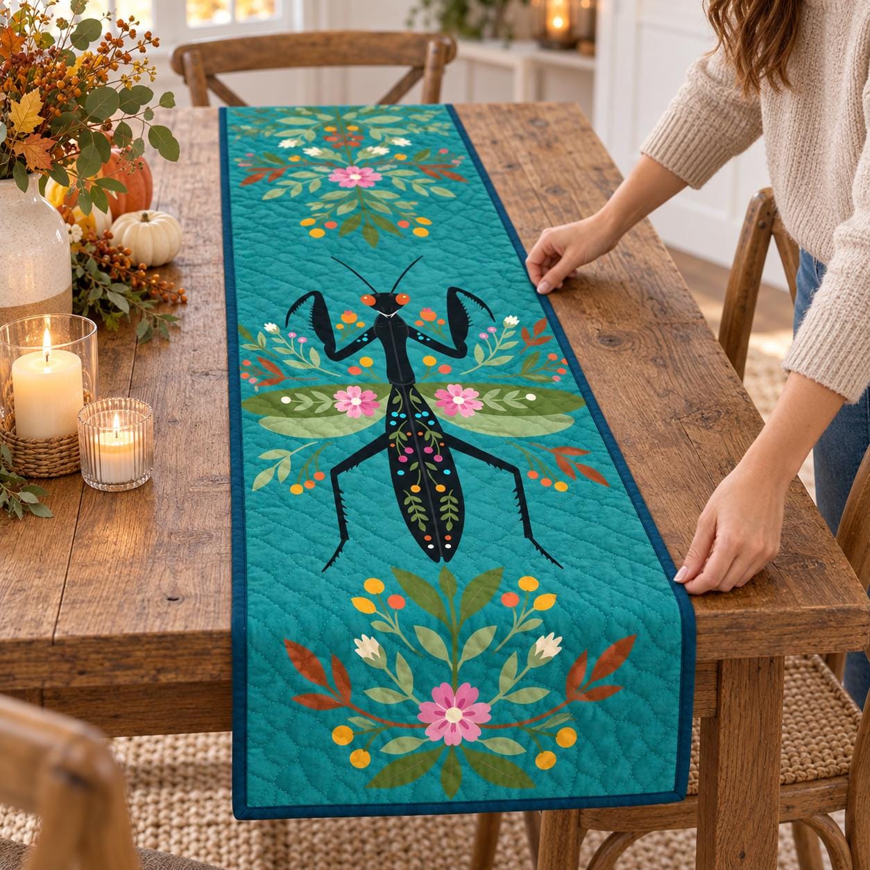 Praying Mantis Table Runner with Quilt Style Floral Insect – Cottagecore Bug Dining Decor for Nature Lover Housewarming Gift - photo 5