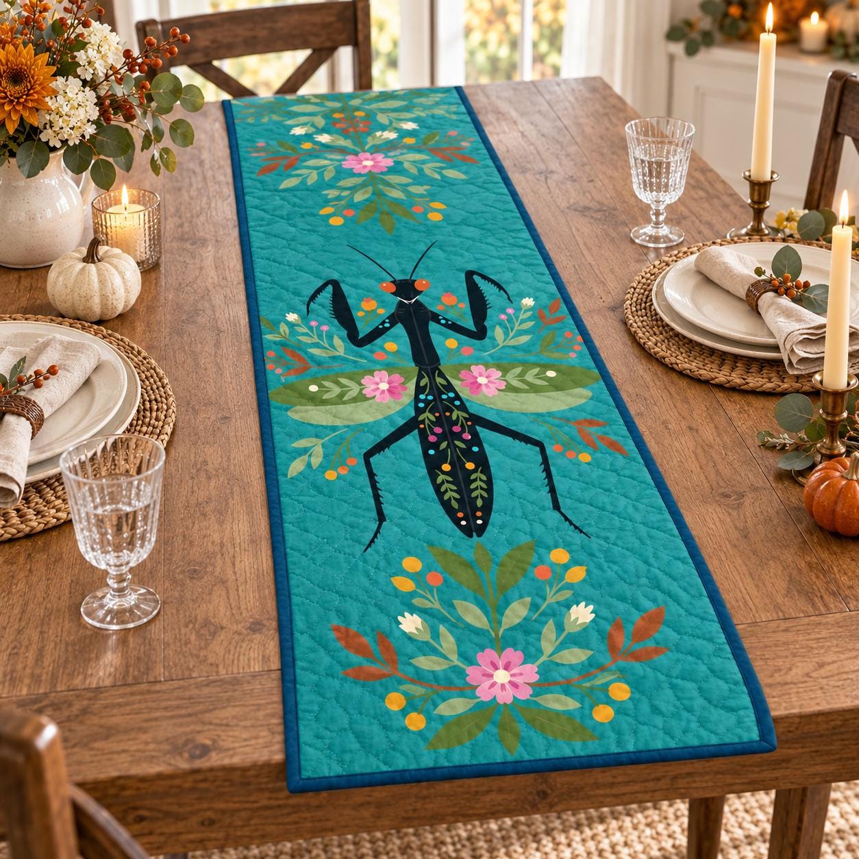 Praying Mantis Table Runner with Quilt Style Floral Insect – Cottagecore Bug Dining Decor for Nature Lover Housewarming Gift - photo 6