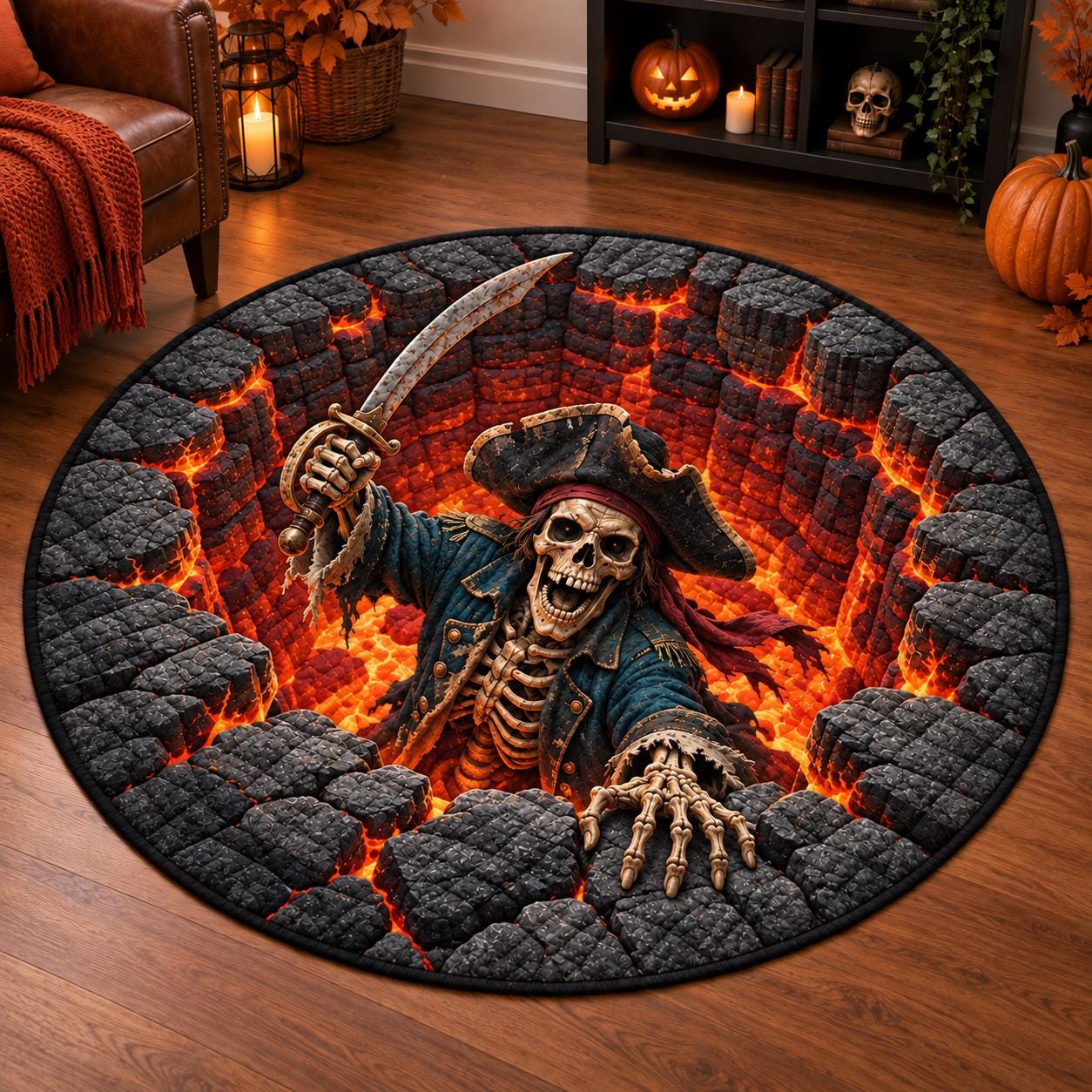Pirate Skeleton Halloween Round Rug with 3D Illusion Lava Pit Floor Mat – Quilted Style Skull Rug for Spooky Home Decor
