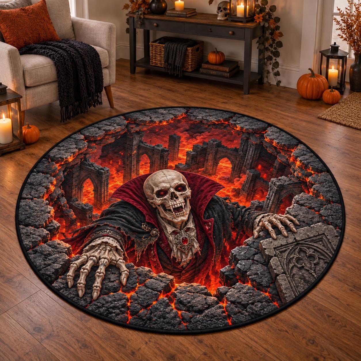 Pirate Skeleton Halloween Round Rug with 3D Illusion Lava Pit Floor Mat – Quilted Style Skull Rug for Spooky Home Decor - photo 3