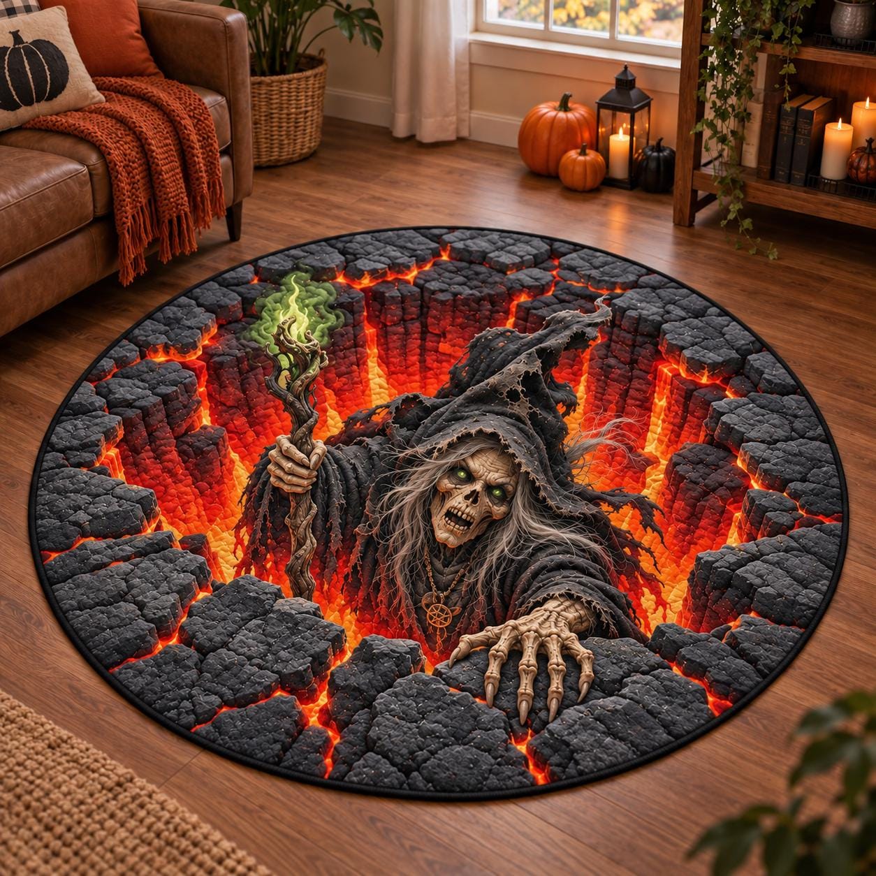 Pirate Skeleton Halloween Round Rug with 3D Illusion Lava Pit Floor Mat – Quilted Style Skull Rug for Spooky Home Decor - photo 4
