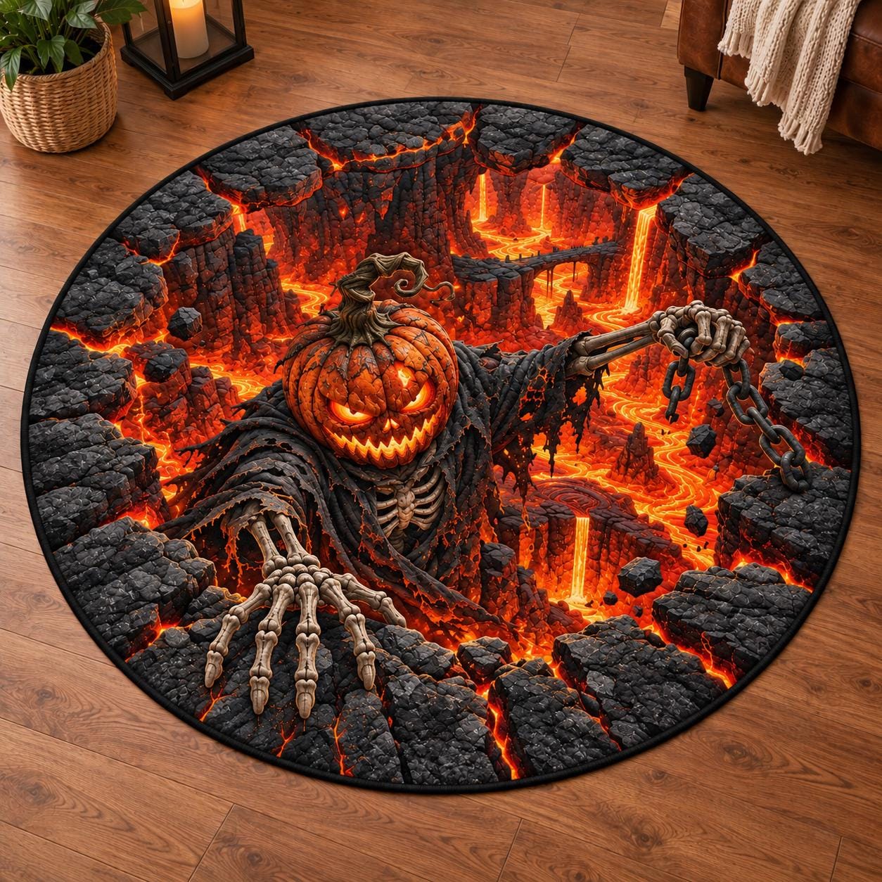 Pirate Skeleton Halloween Round Rug with 3D Illusion Lava Pit Floor Mat – Quilted Style Skull Rug for Spooky Home Decor - photo 5