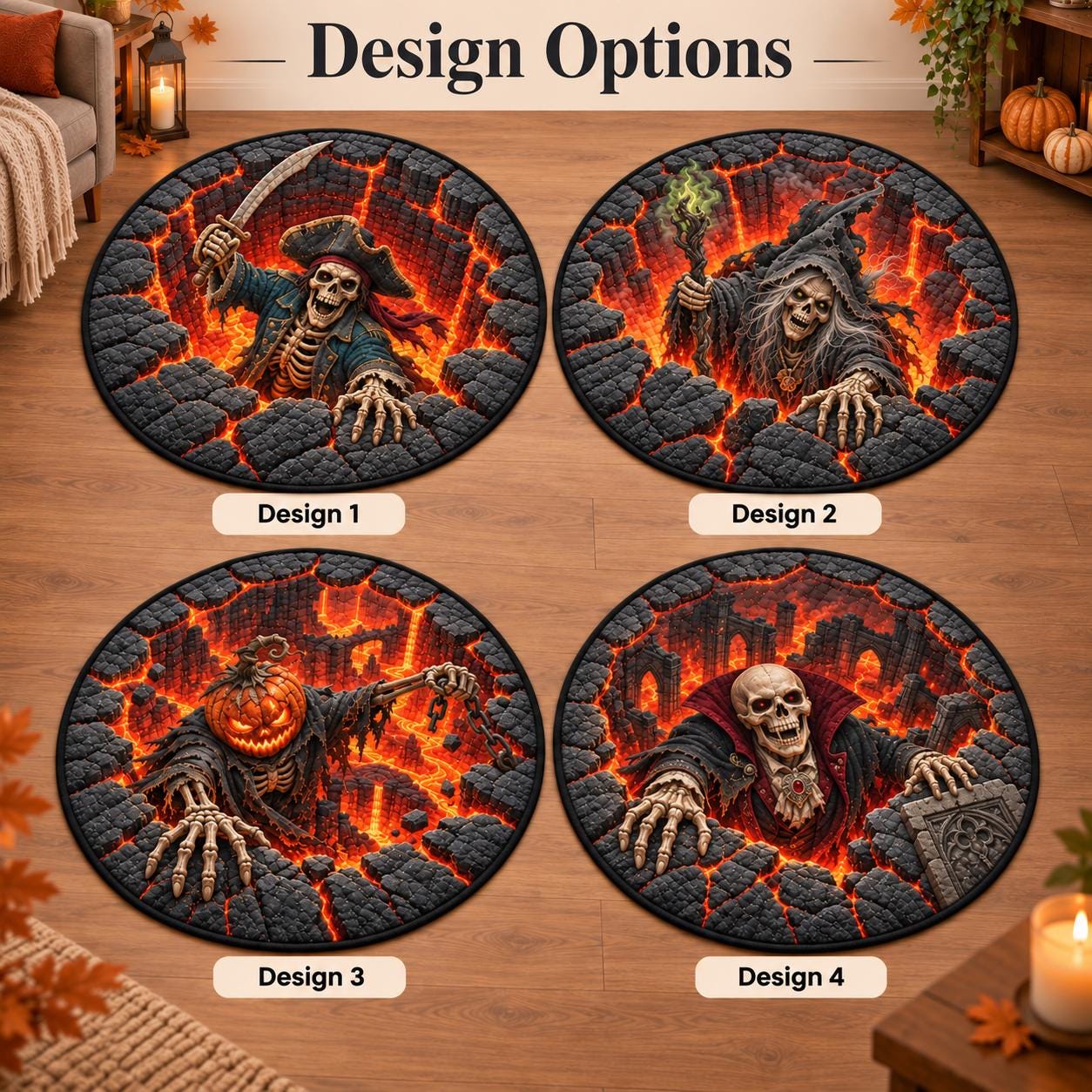 Pirate Skeleton Halloween Round Rug with 3D Illusion Lava Pit Floor Mat – Quilted Style Skull Rug for Spooky Home Decor - photo 6