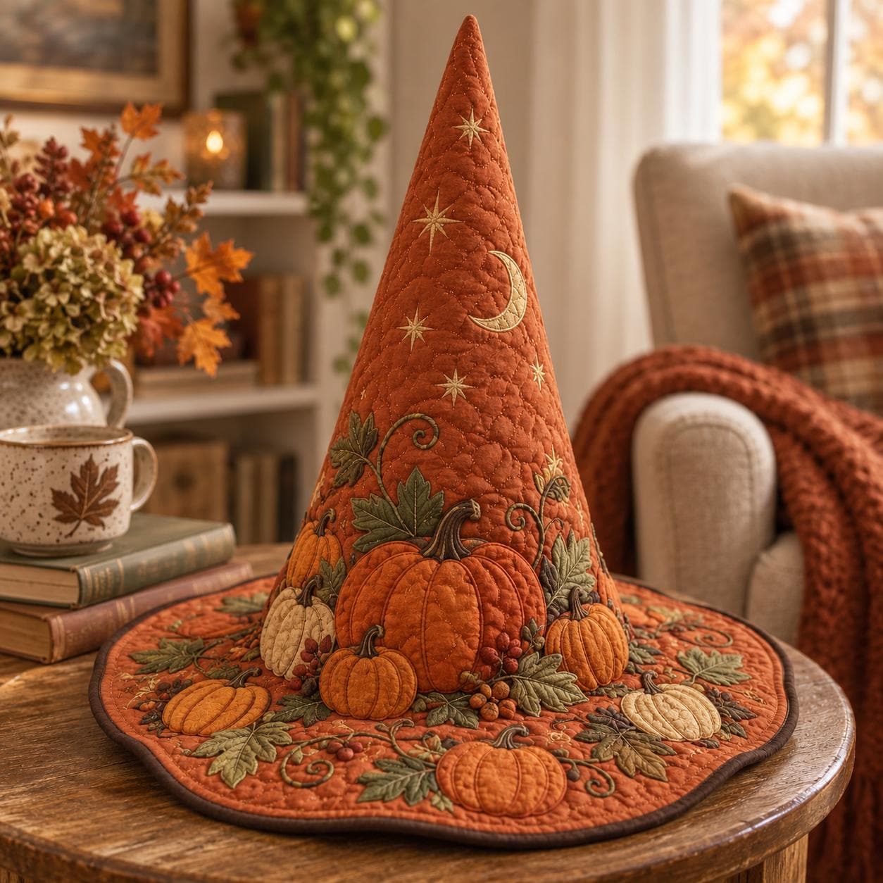 Decor – Witch Hat for Autumn Table Centerpiece with Quilted Style Pumpkin Harvest and Cozy Fall Home Thanksgiving Gift