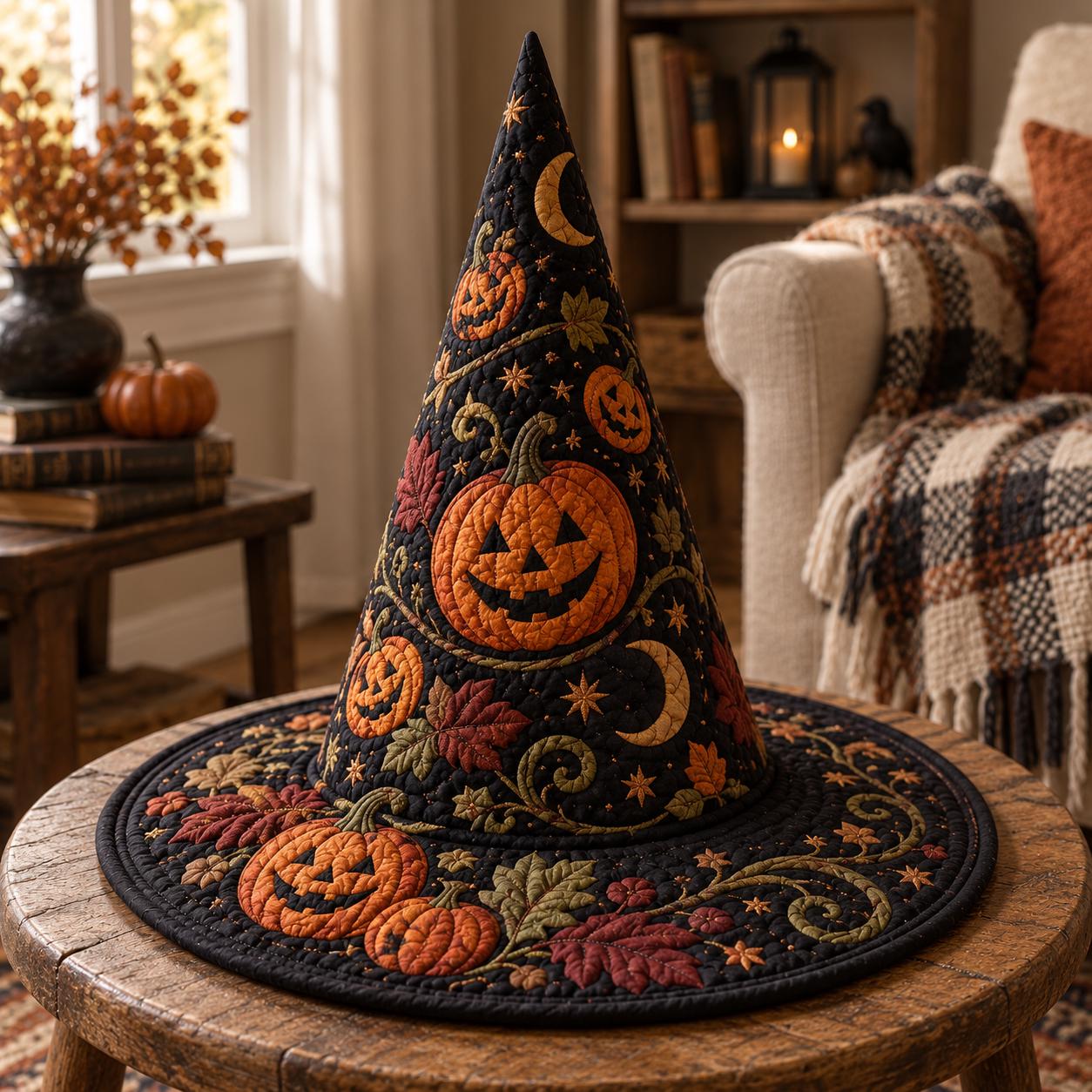 Decor – Witch Hat for Autumn Table Centerpiece with Quilted Style Pumpkin Harvest and Cozy Fall Home Thanksgiving Gift - photo 2
