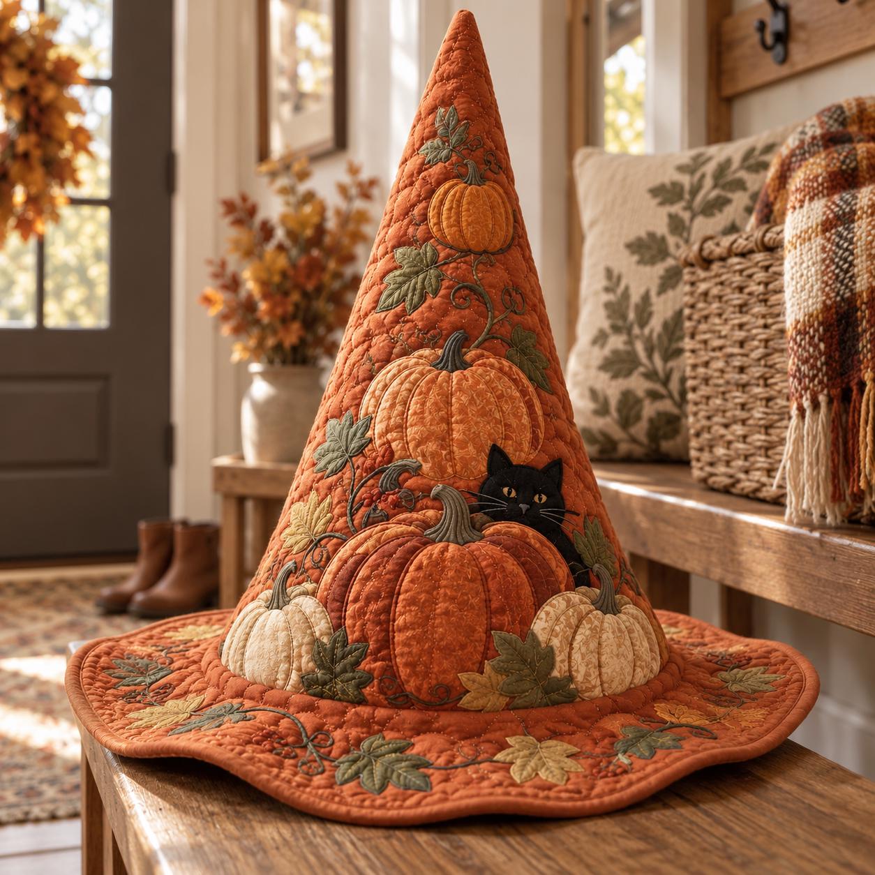 Decor – Witch Hat for Autumn Table Centerpiece with Quilted Style Pumpkin Harvest and Cozy Fall Home Thanksgiving Gift - photo 3