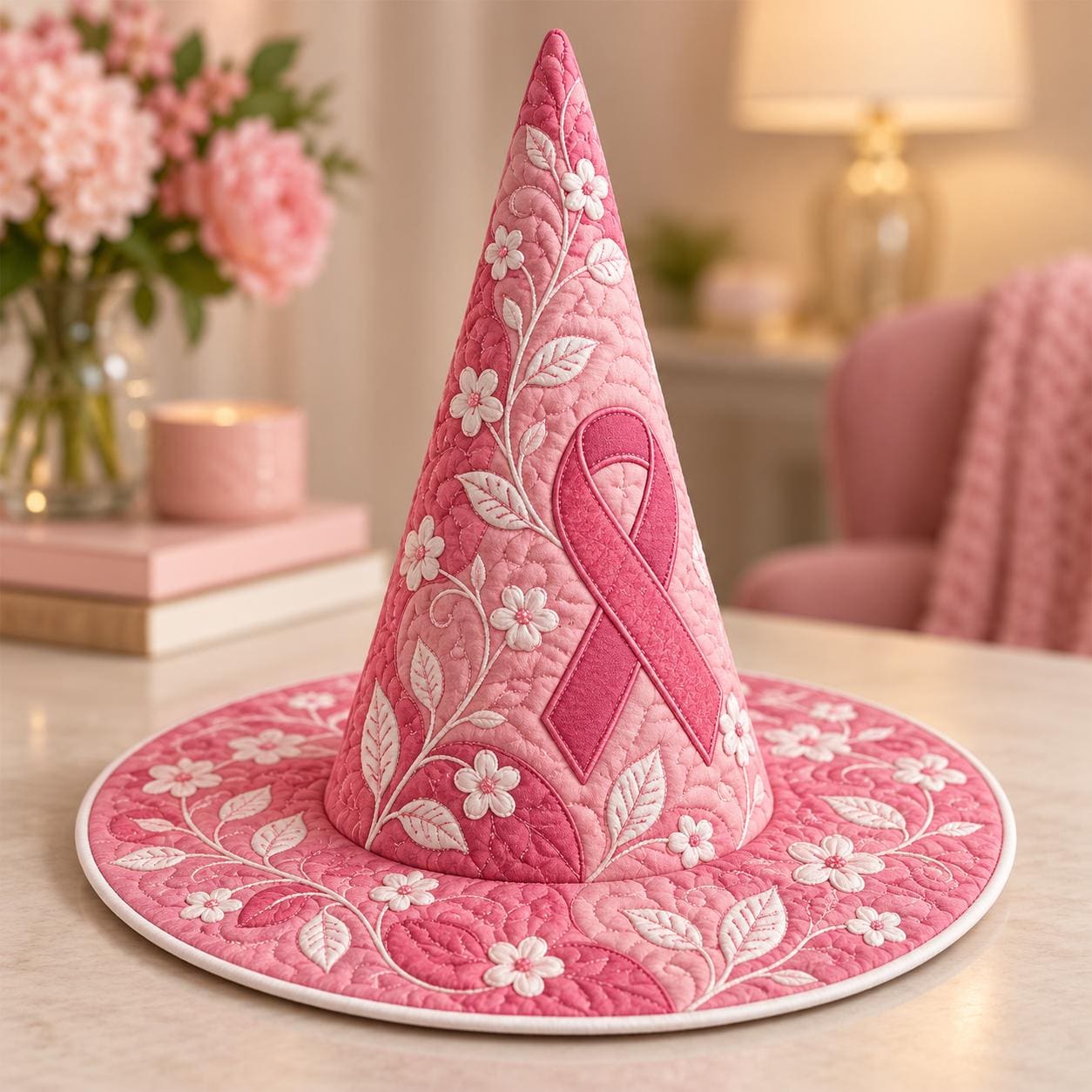 Decor – Witch Hat with Quilted Style Breast Cancer Awareness Pink Ribbon Floral and Survivor Support Gift