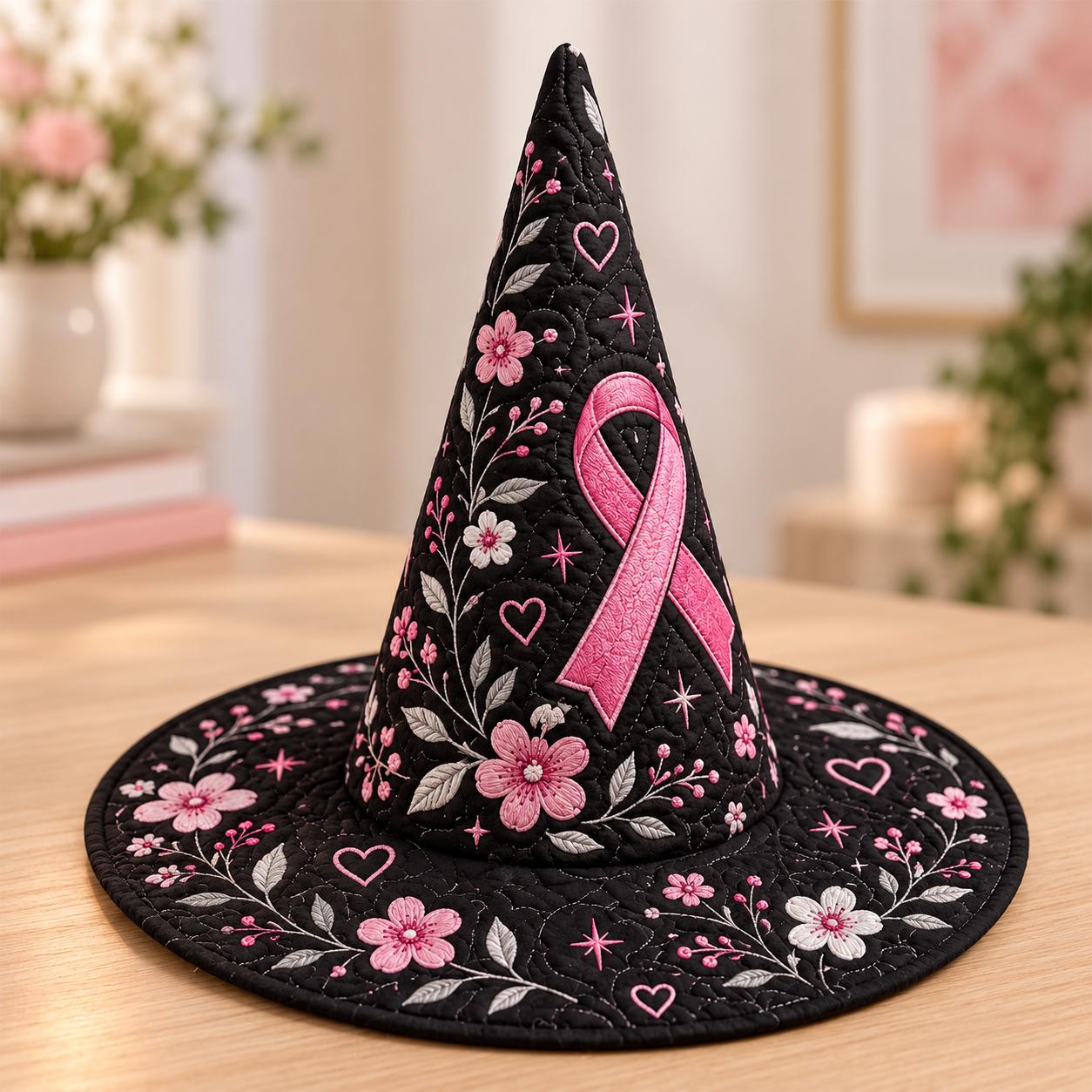 Decor – Witch Hat with Quilted Style Breast Cancer Awareness Pink Ribbon Floral and Survivor Support Gift - photo 2