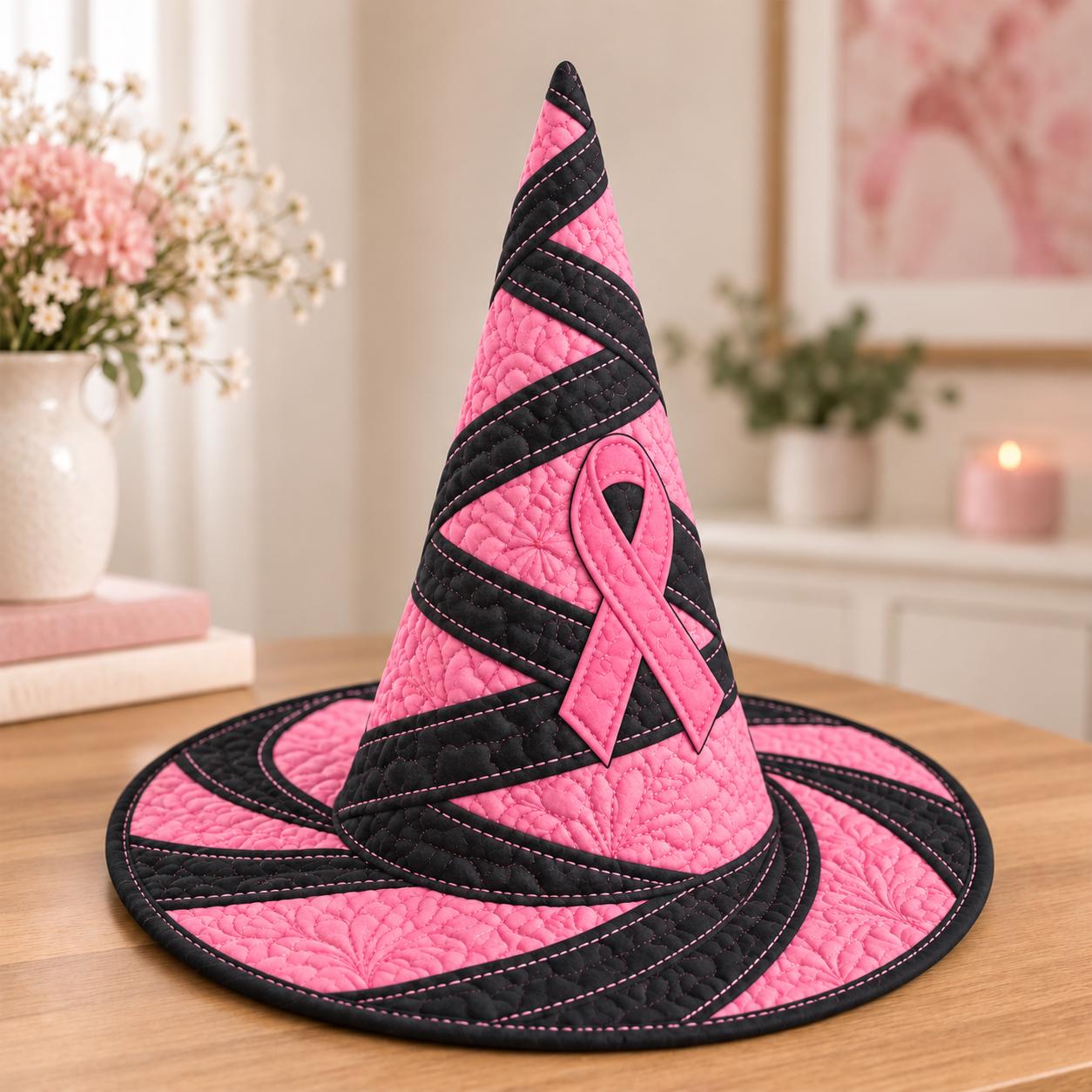 Decor – Witch Hat with Quilted Style Breast Cancer Awareness Pink Ribbon Floral and Survivor Support Gift - photo 3