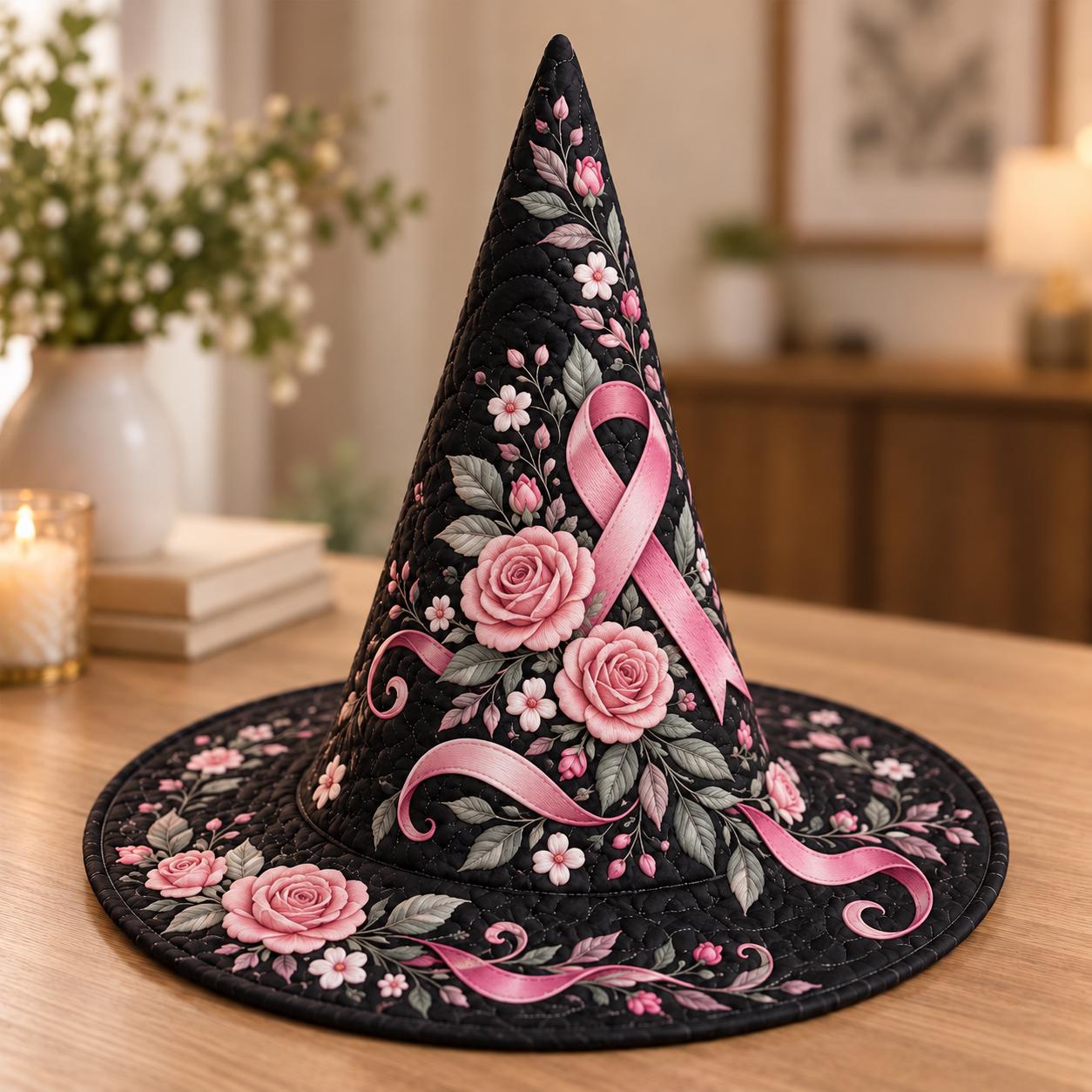 Decor – Witch Hat with Quilted Style Breast Cancer Awareness Pink Ribbon Floral and Survivor Support Gift - photo 7