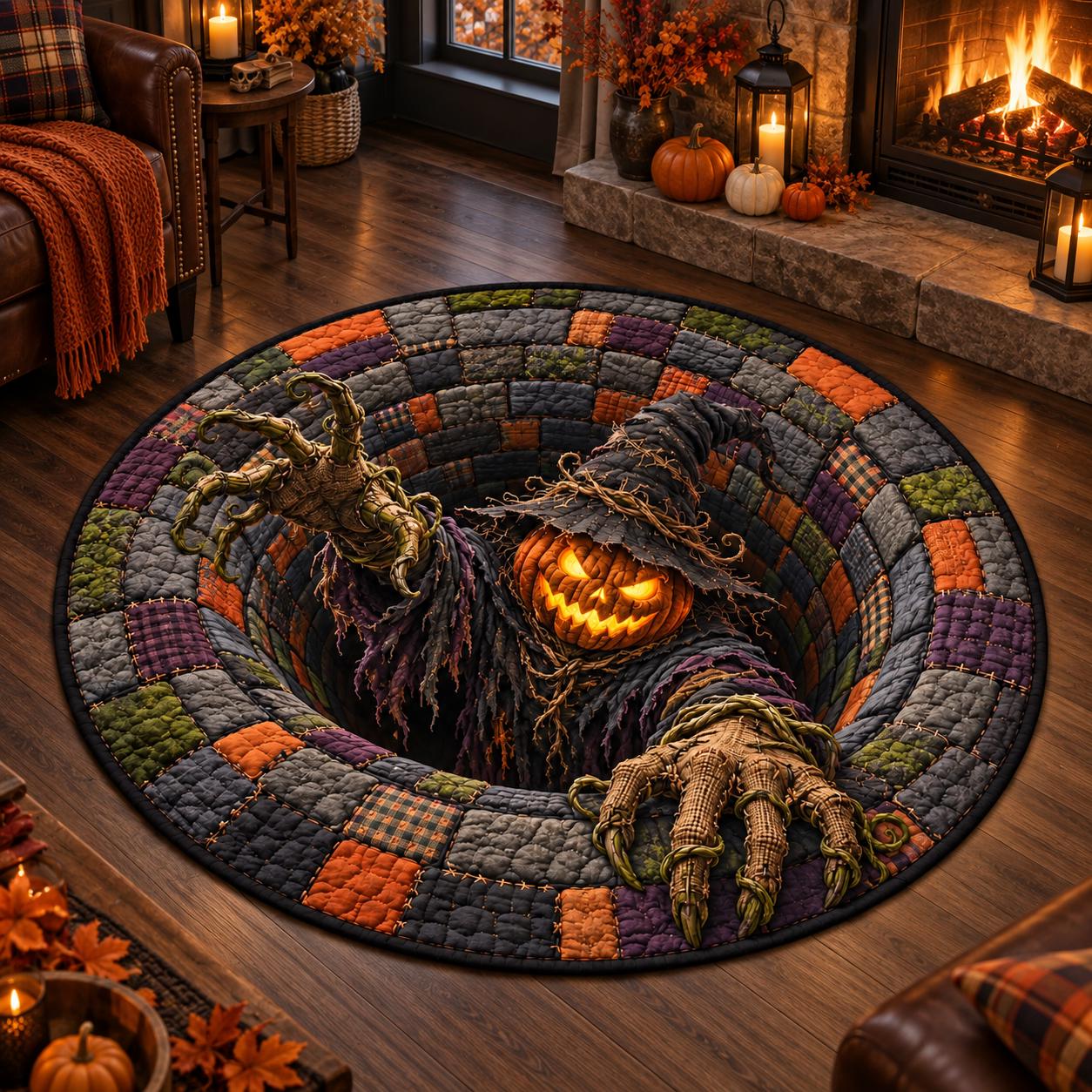 Pumpkin Scarecrow Halloween Round Rug with 3D Illusion Quilted Haunted Hole Floor Mat for Spooky Home Decor