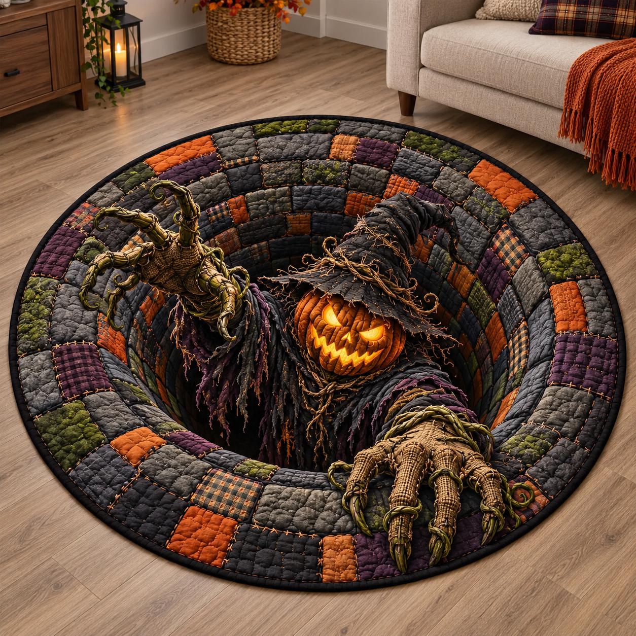 Pumpkin Scarecrow Halloween Round Rug with 3D Illusion Quilted Haunted Hole Floor Mat for Spooky Home Decor - photo 2