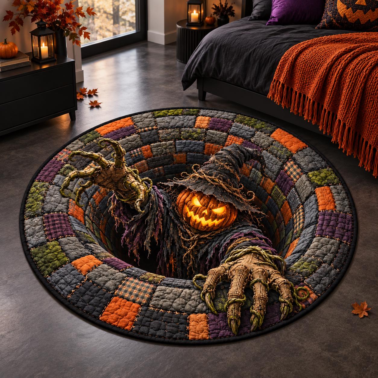 Pumpkin Scarecrow Halloween Round Rug with 3D Illusion Quilted Haunted Hole Floor Mat for Spooky Home Decor - photo 4