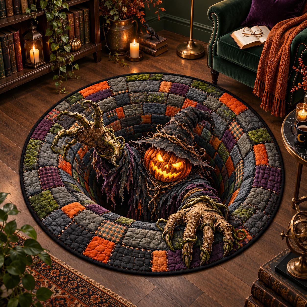 Pumpkin Scarecrow Halloween Round Rug with 3D Illusion Quilted Haunted Hole Floor Mat for Spooky Home Decor - photo 5