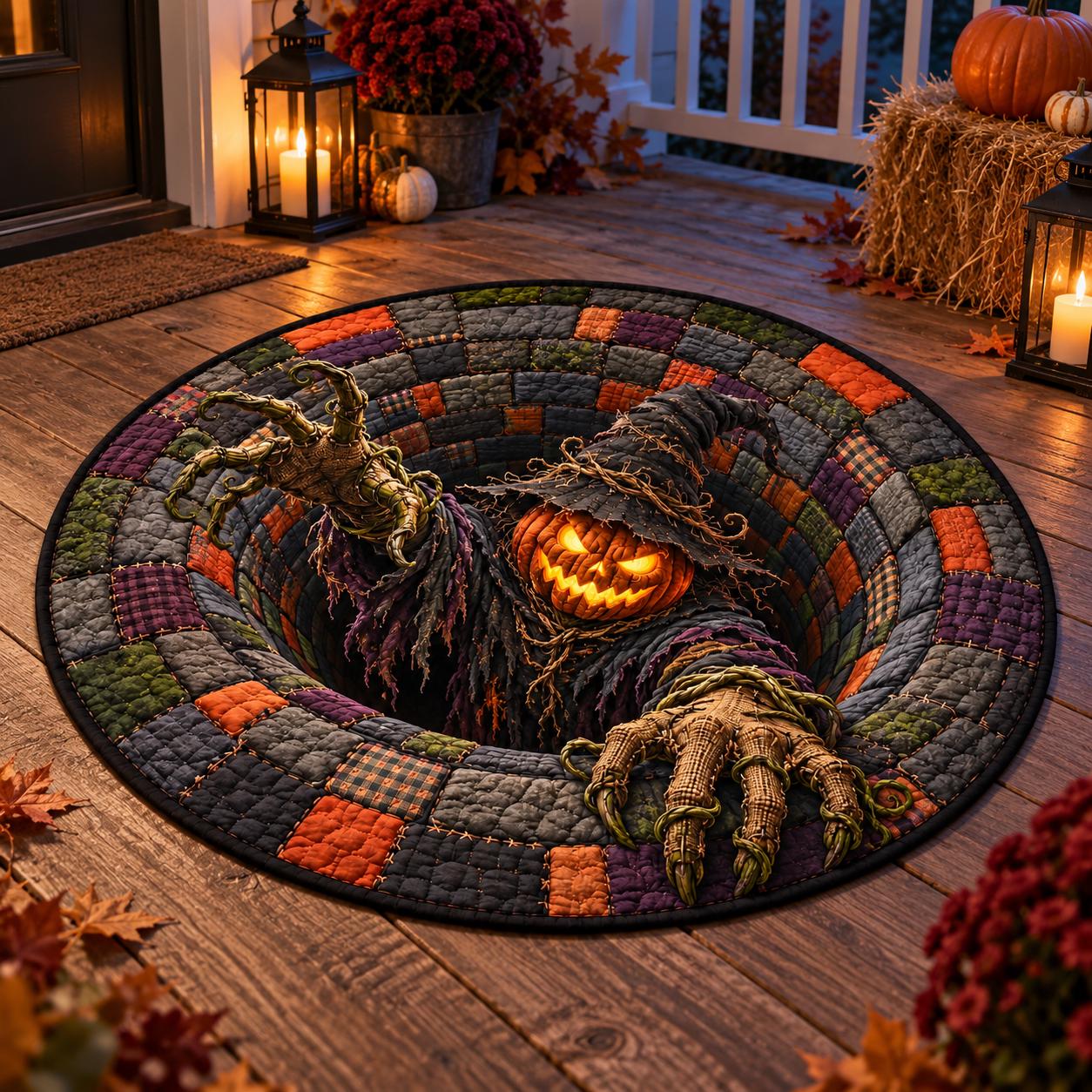 Pumpkin Scarecrow Halloween Round Rug with 3D Illusion Quilted Haunted Hole Floor Mat for Spooky Home Decor - photo 6
