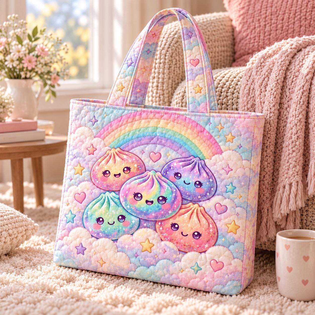 Kawaii Dumpling Tote Bag and Pastel Rainbow Cute Food Shoulder Bag – Quilted Style Everyday Tote with Squishy Foodie Gift