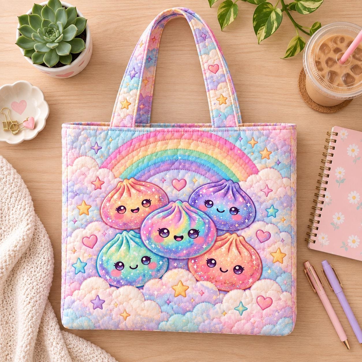 Kawaii Dumpling Tote Bag and Pastel Rainbow Cute Food Shoulder Bag – Quilted Style Everyday Tote with Squishy Foodie Gift - photo 2