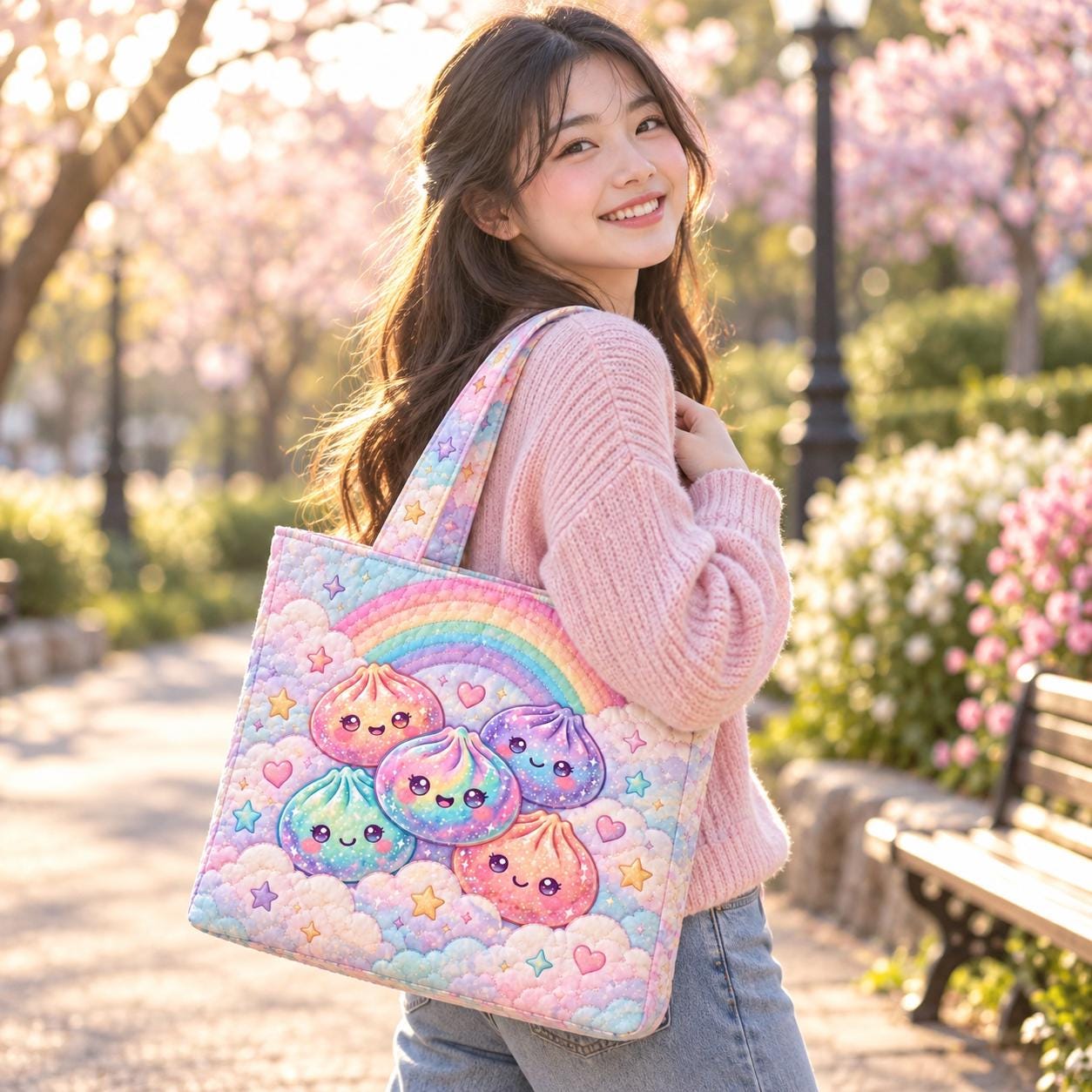 Kawaii Dumpling Tote Bag and Pastel Rainbow Cute Food Shoulder Bag – Quilted Style Everyday Tote with Squishy Foodie Gift - photo 4