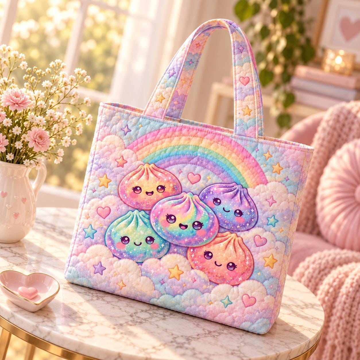 Kawaii Dumpling Tote Bag and Pastel Rainbow Cute Food Shoulder Bag – Quilted Style Everyday Tote with Squishy Foodie Gift - photo 5