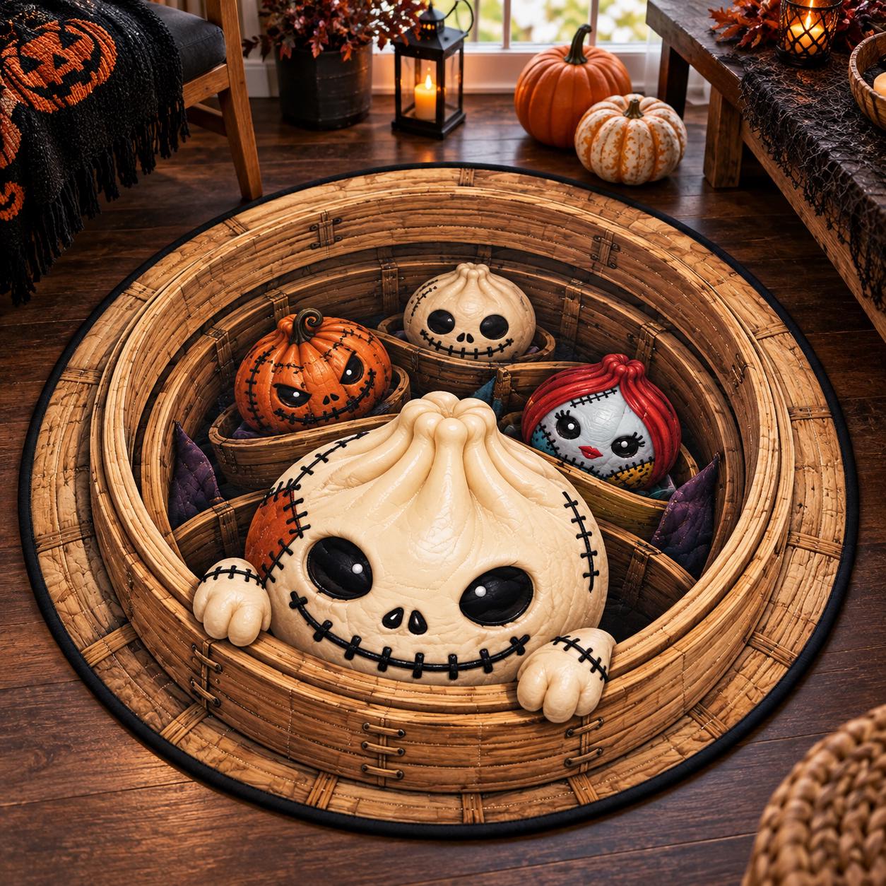 Rug – Dumpling Halloween Round Floor Mat for Spooky Home Decor with 3D Illusion Quilted Hole and Funny Stitched