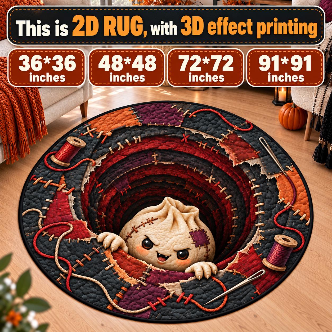 Rug – Dumpling Halloween Round Floor Mat for Spooky Home Decor with 3D Illusion Quilted Hole and Funny Stitched - photo 3