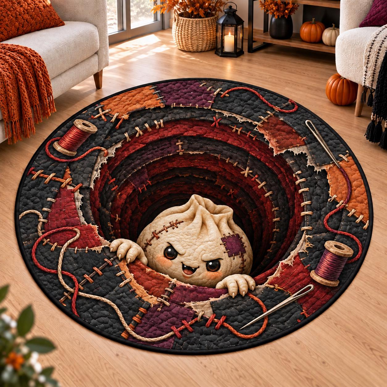 Rug – Dumpling Halloween Round Floor Mat for Spooky Home Decor with 3D Illusion Quilted Hole and Funny Stitched - photo 5