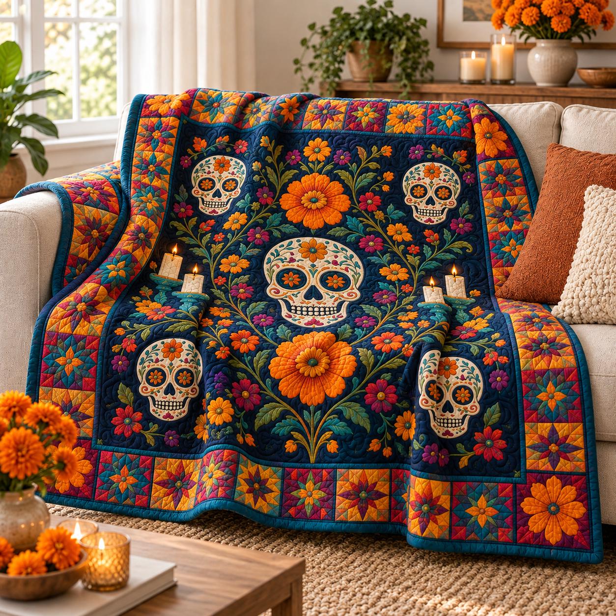 Blanket with Mexican Style and Sugar Skull for Fiesta Home Decor with Floral Quilt Bedding and Day of Dead Throw Gift