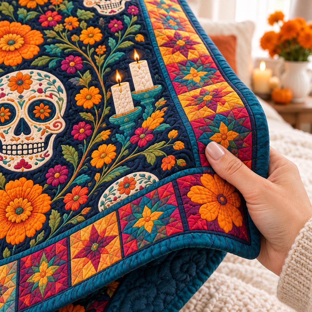 Blanket with Mexican Style and Sugar Skull for Fiesta Home Decor with Floral Quilt Bedding and Day of Dead Throw Gift - photo 2